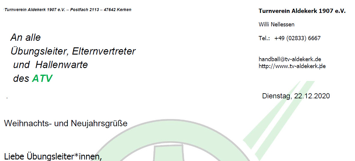 Weihnachtsgruss des TV Aldekerk an seine Mitglieder und Unterstützer im Jahr 2020